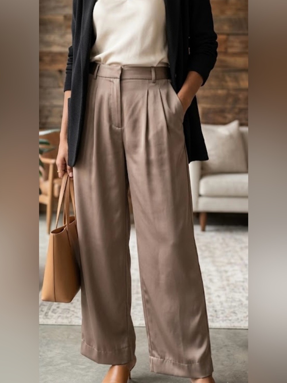 Banana Republic pleated wide leg satin pants mocha high rise business casual 8